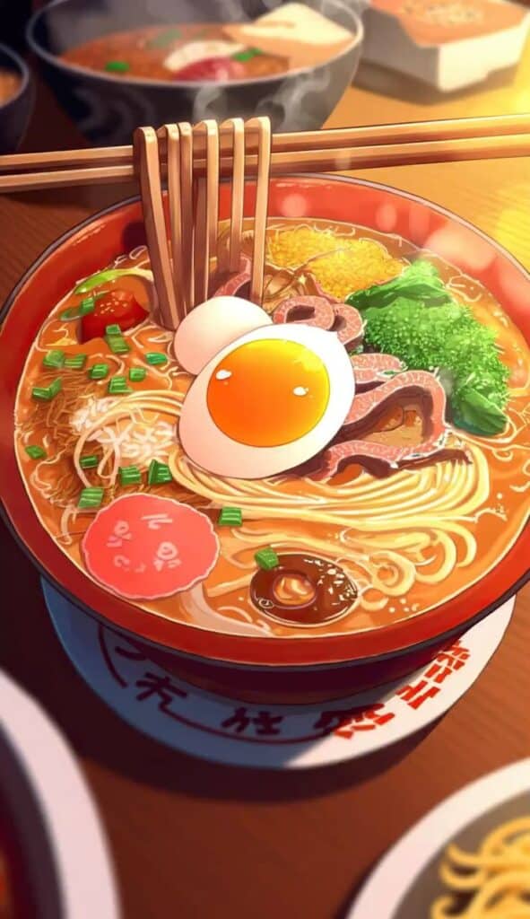 Delicious bowl of steaming ramen with egg, vegetables, and chopsticks on a wooden table.