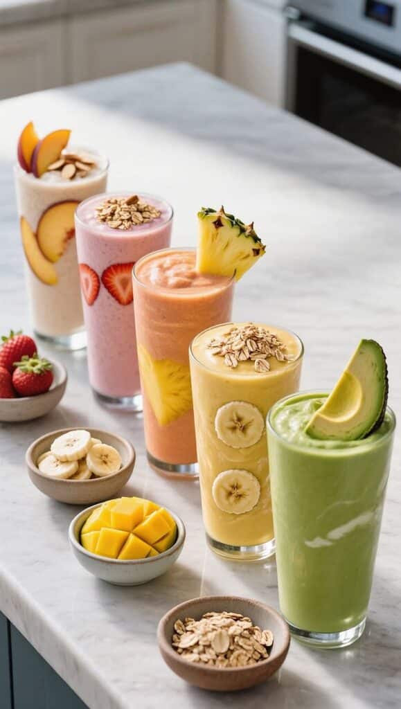 Colorful fruit smoothies with garnishes, arranged on a marble counter, featuring peaches, strawberries, pineapple, banana, and avocado.