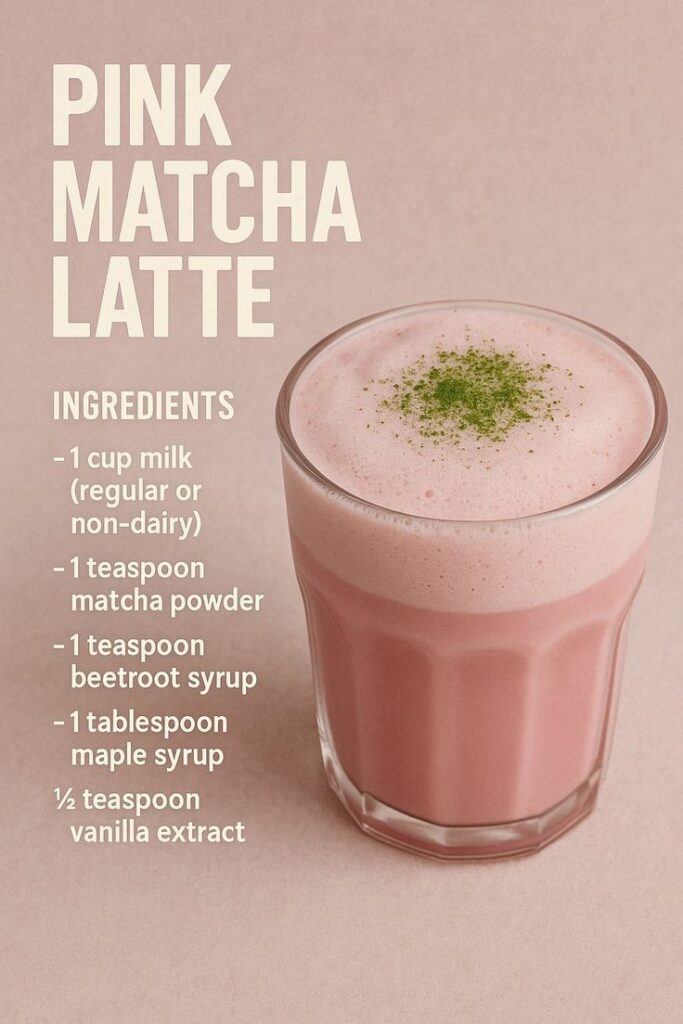 Pink Matcha Latte in glass with ingredients: milk, matcha, beetroot syrup, maple syrup, vanilla. Creamy and refreshing!
