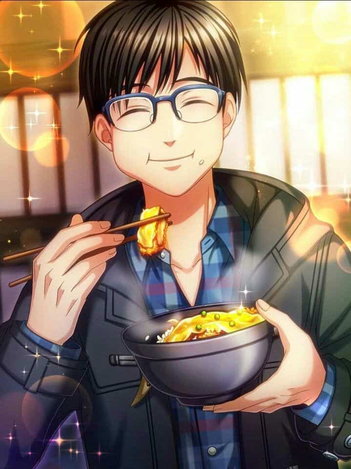 Animated character enjoys a bowl of ramen, smiling with chopsticks in hand, in a cozy setting.