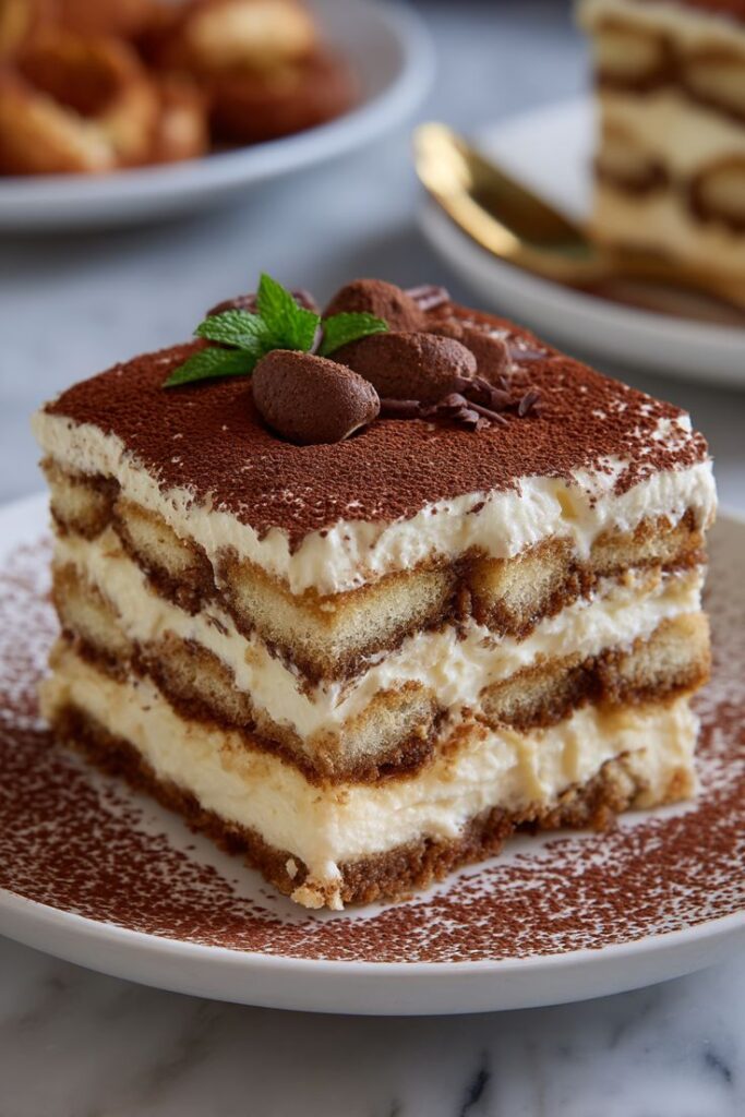 Delicious tiramisu slice sprinkled with cocoa, garnished with mint and chocolate, served on a white plate.