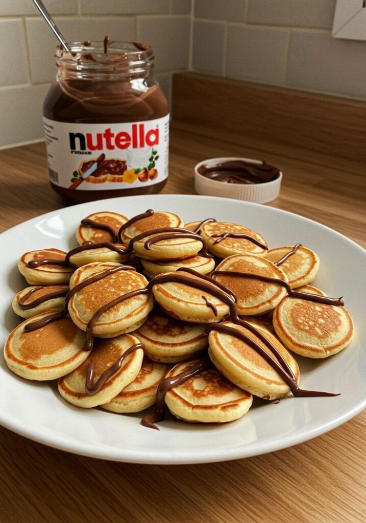 Plate of mini pancakes drizzled with chocolate spread, with a jar in the background on a wooden table.