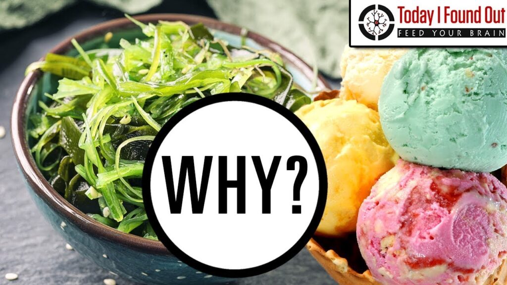 Bowl of seaweed salad and ice cream scoops with Why? text overlay, questioning food pairings.