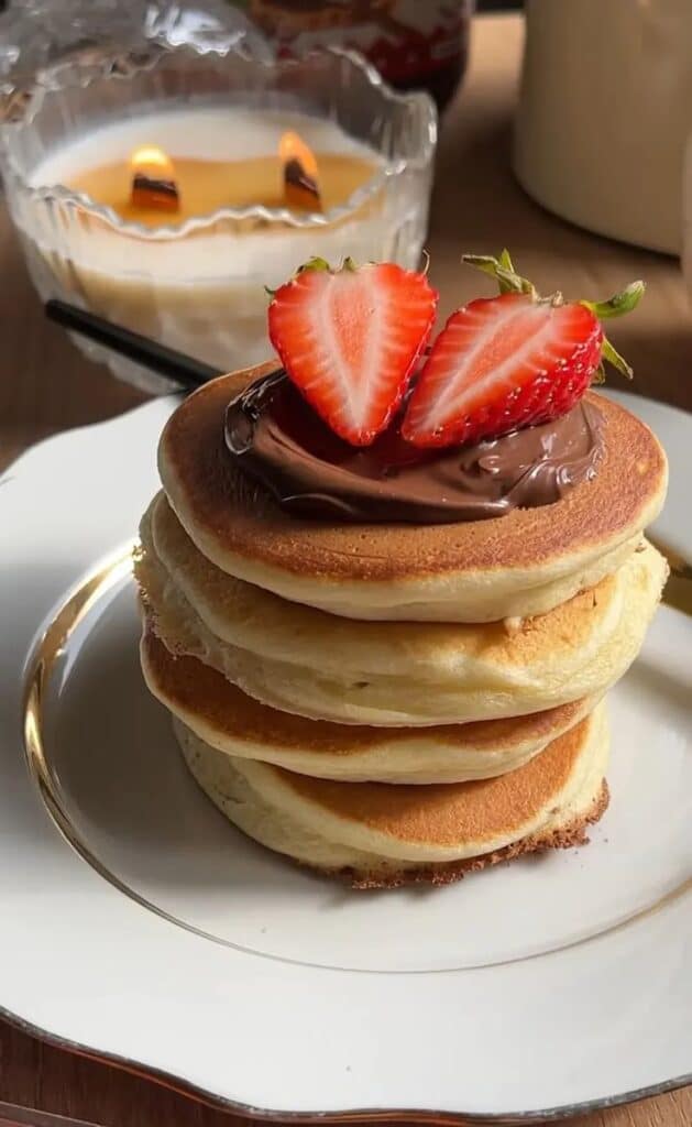 Fluffy pancakes topped with strawberries and chocolate spread, served on a white plate with a lit candle nearby.