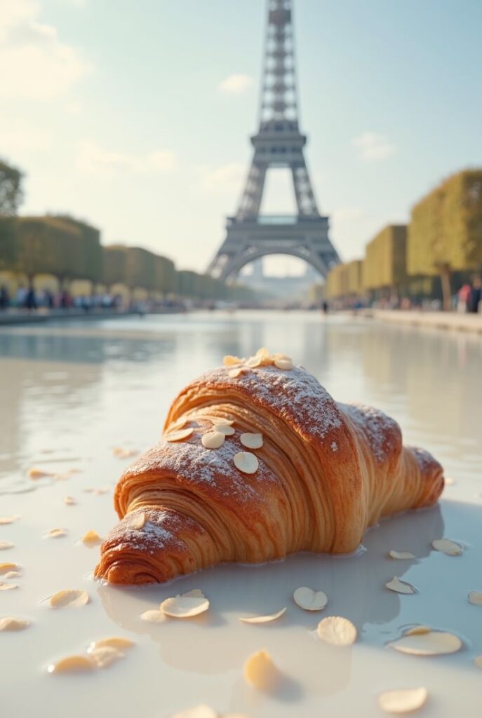 Croissant with almonds by Eiffel Tower, Paris. Perfect blend of French pastry and iconic landmark.
