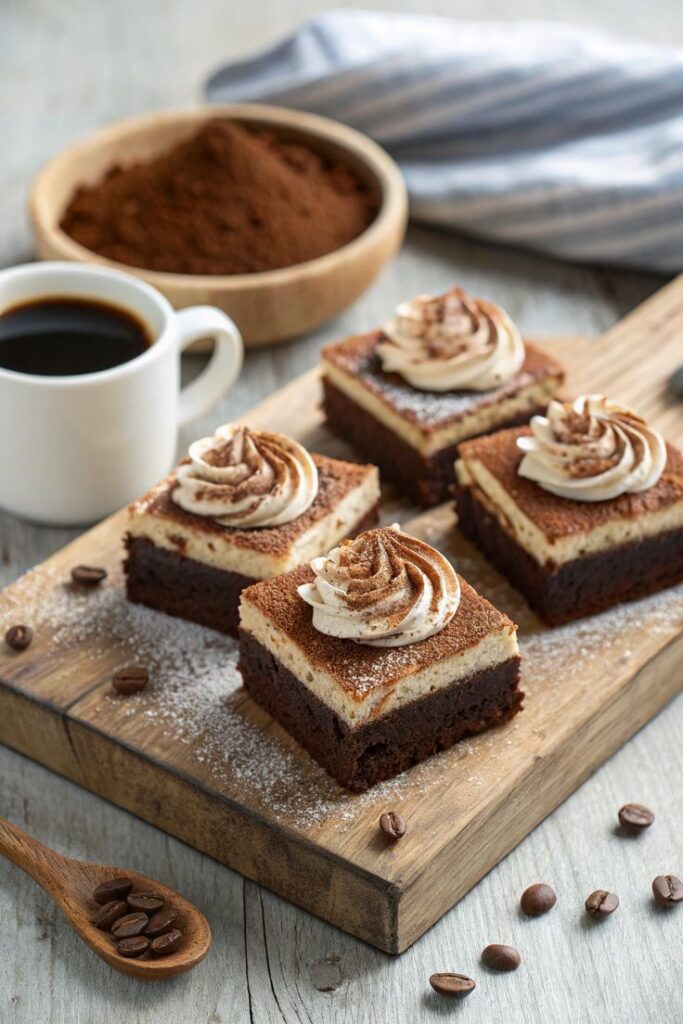 Delicious coffee cake slices with cream topping, served with a cup of coffee on a wooden board.