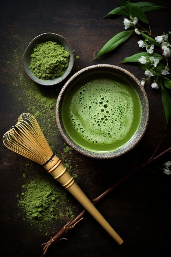 Traditional matcha tea with bamboo whisk and green powder on a dark wooden surface with flowers.