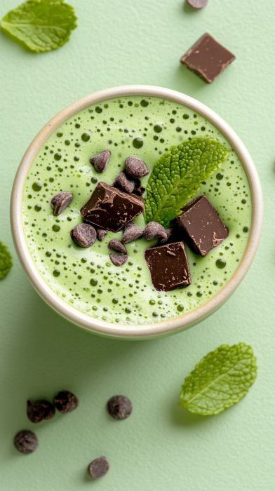 Creamy mint smoothie topped with dark chocolate chunks and fresh mint leaves on a pastel green background.
