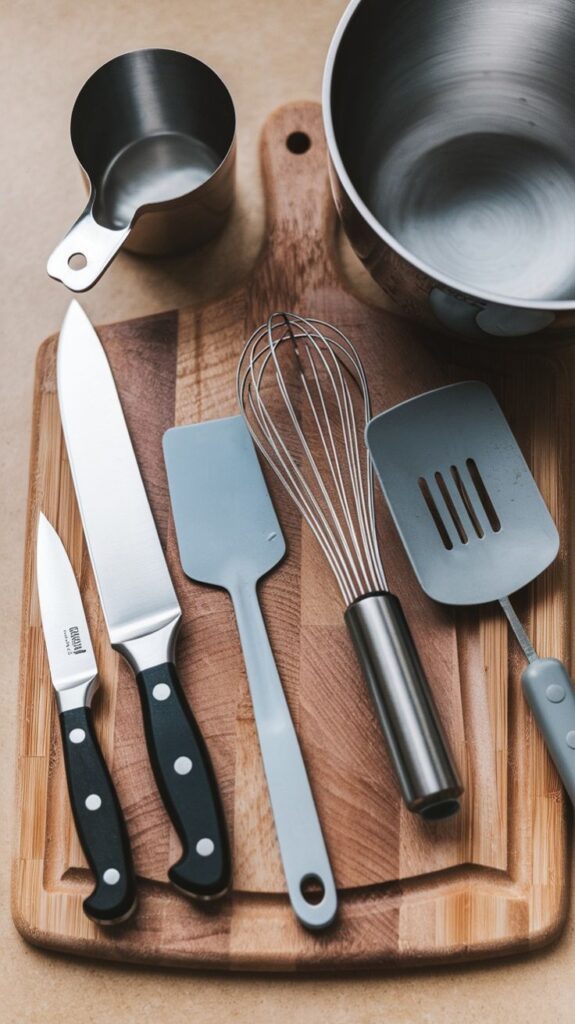 Assorted kitchen utensils on a wooden cutting board, including knives, spatulas, and a whisk.