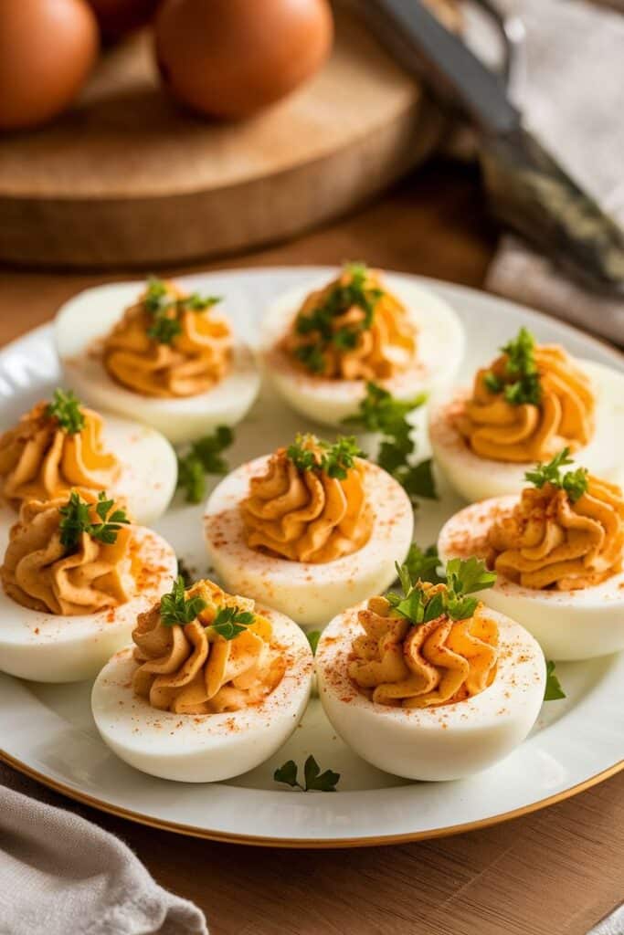 🥚 Deviled Eggs with Smoked Paprika_ Creamy Savory Perfect for Any Occasion - 10 Crowd-Pleasing Appetizers That Will Wow Your Party | Plate of gourmet deviled eggs topped with paprika and parsley on a wooden table.