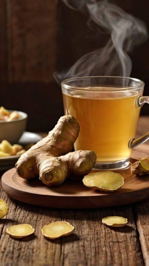 297a8ea4-4afe-4de6-a859-d035aac1bae0 - Soothing Ginger Honey Tea: Your Cozy Comfort Brew - Chief Stories Steaming ginger tea in a glass cup with fresh ginger roots on a wooden table. Perfect for wellness and relaxation.