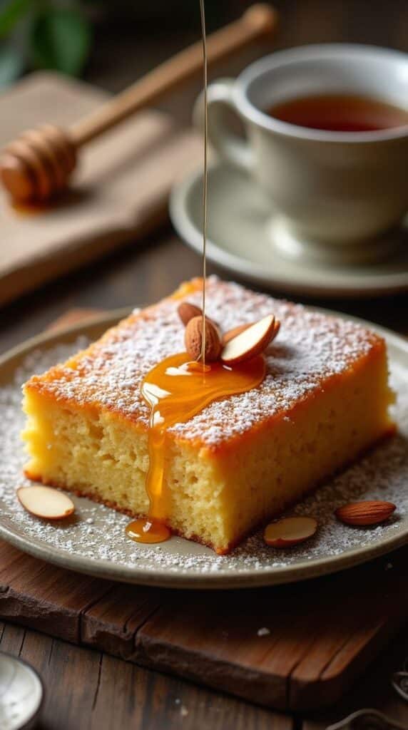5 Mistakes to Avoid When Making Honey Cake - Indulge in Sweet Nostalgia: The Ultimate Homemade Honey Cake Recipe | Honey drizzled almond cake with powdered sugar, served on a plate with a cup of tea in the background.