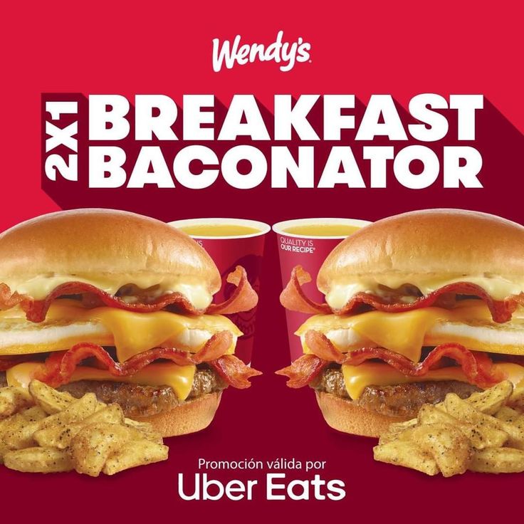 Wendy's 2x1 Breakfast Baconator with crispy bacon, eggs, and cheese. Available on Uber Eats promotion.