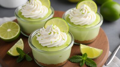 Three key lime pies in jars with whipped cream and lime slices on top, presented on a wooden board with fresh limes.