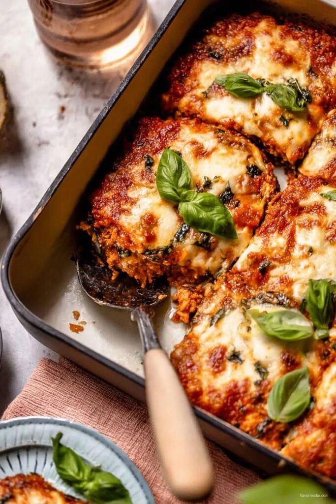 Cheesy baked lasagna in a pan topped with fresh basil leaves, served on a rustic table setting.