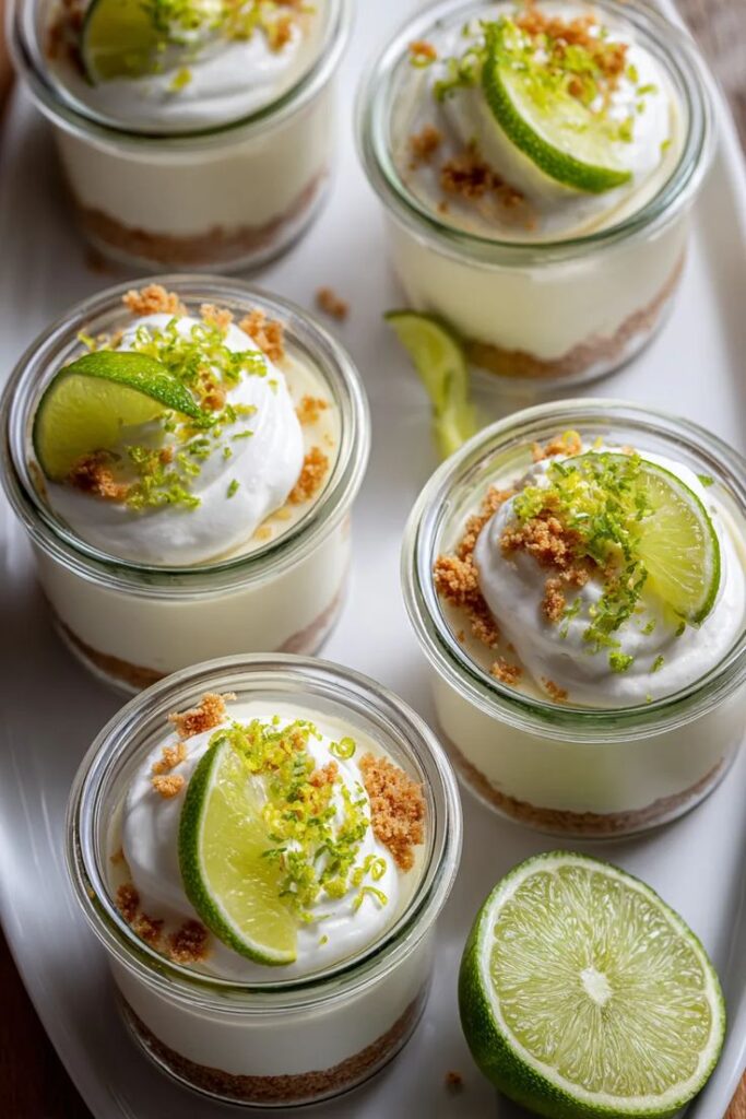 Mini key lime pies in jars, topped with whipped cream and lime slices. Perfect for a refreshing dessert.