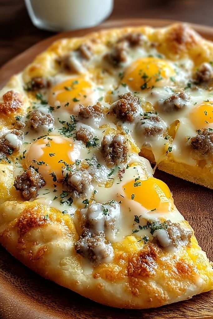 Breakfast pizza topped with eggs, sausage, and cheese on a wooden plate. Perfect for a delicious morning meal.