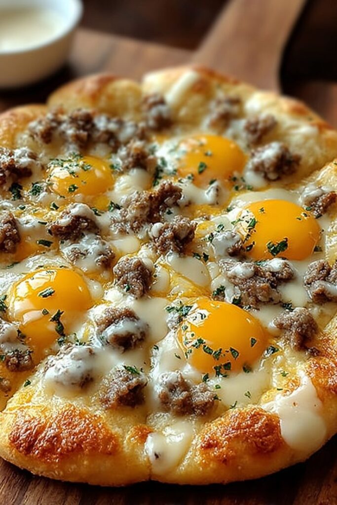 Freshly baked breakfast pizza topped with sunny-side-up eggs, sausage, and melted cheese on a wooden board.