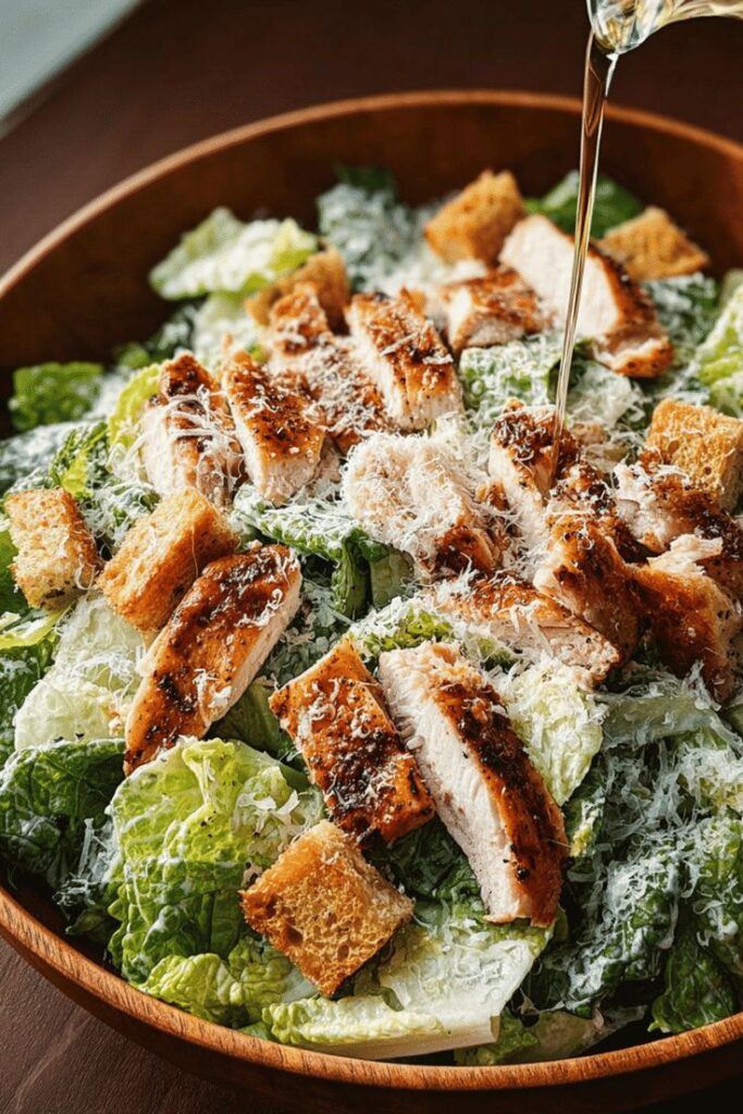 Chicken Caesar Salad Recipe with Classic Dressing and Grilled Chicken - Classic Caesar Salad: Homemade Recipe - Chief Stories Fresh Caesar salad with grilled chicken, croutons, and Parmesan cheese in a wooden bowl.