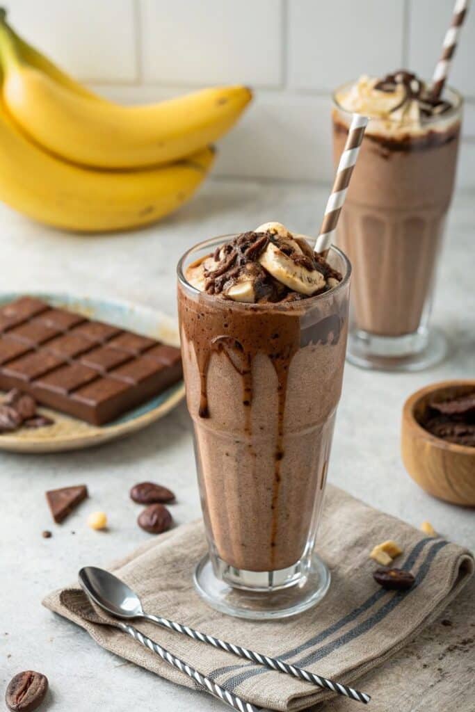 Chocolate banana milkshake topped with banana slices and drizzle, surrounded by bananas and chocolate on a table.