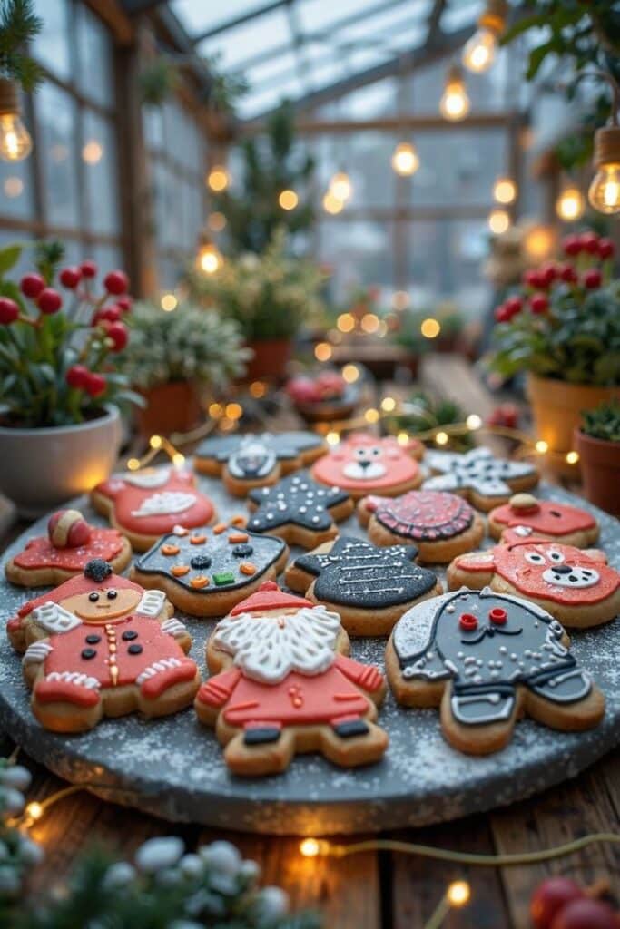 Festive iced cookies on a tray in a cozy setting with string lights and plants. Perfect for holiday celebrations.