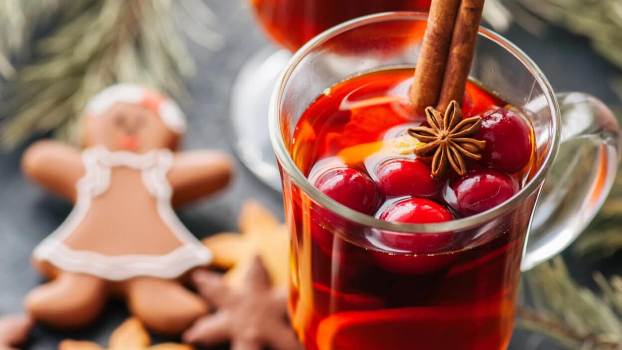 Hot mulled wine with cinnamon and cranberries, gingerbread cookie in background. Perfect festive holiday drink.