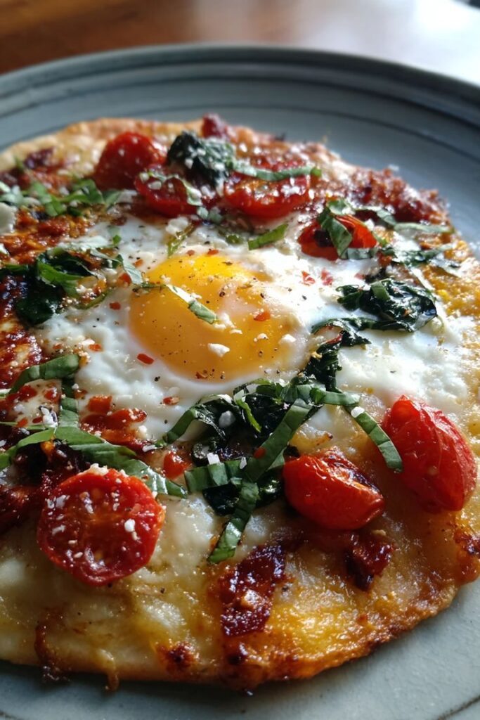 Delicious artisanal pizza topped with a sunny-side-up egg, cherry tomatoes, and fresh basil on a rustic plate.