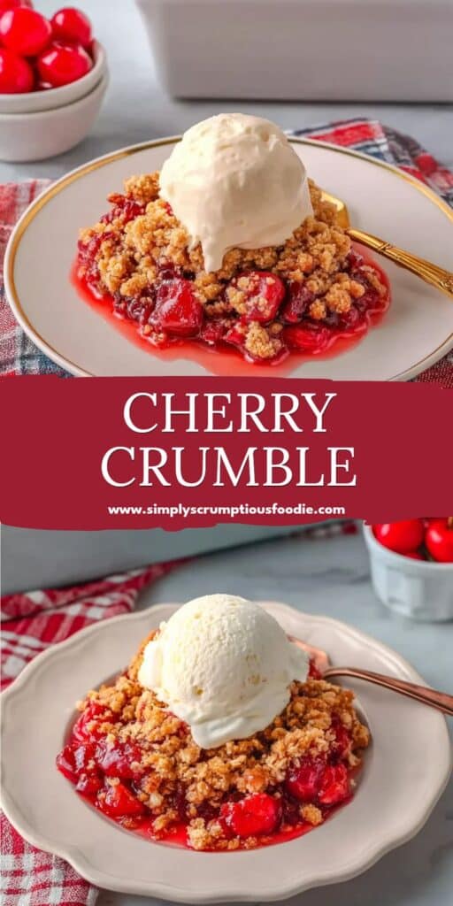 Delicious cherry crumble topped with vanilla ice cream, perfect dessert for all seasons.