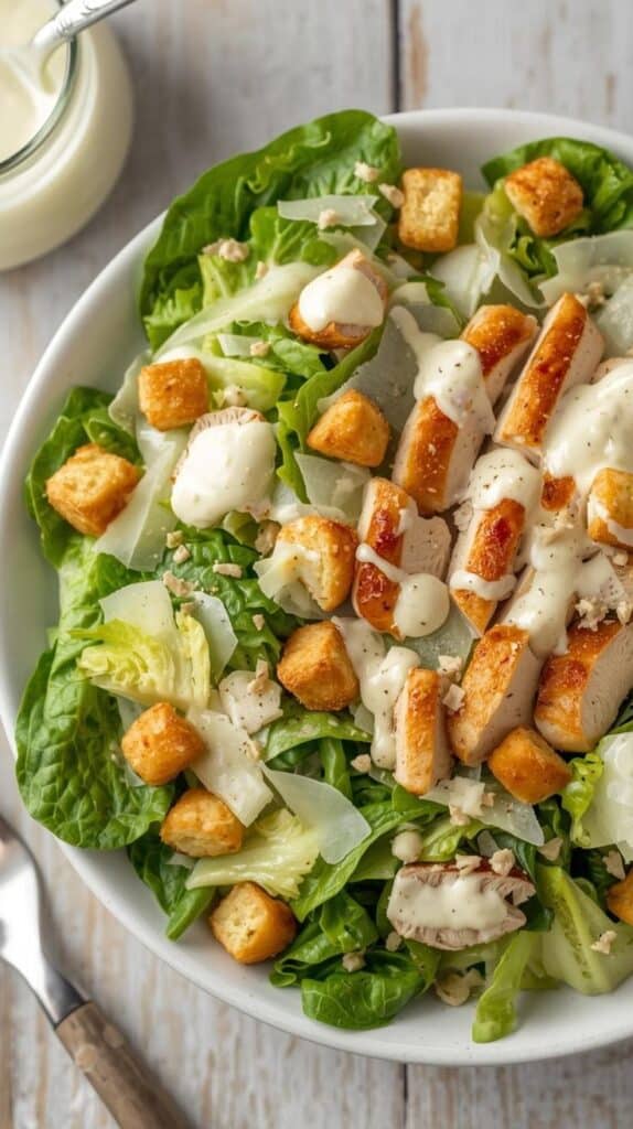 Easy Chicken Caesar Salad Recipe _ Classic Delicious - Classic Caesar Salad: Homemade Recipe - Chief Stories Fresh Caesar salad with grilled chicken, croutons, parmesan, and creamy dressing in a white bowl on a rustic table.