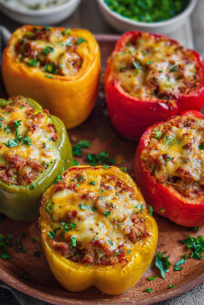 Easy Stuffed Bell Peppers Recipe for a Quick and Flavorful Dinner - Classic Stuffed Peppers Recipe Colorful stuffed bell peppers with melted cheese on a wooden plate, garnished with fresh herbs.