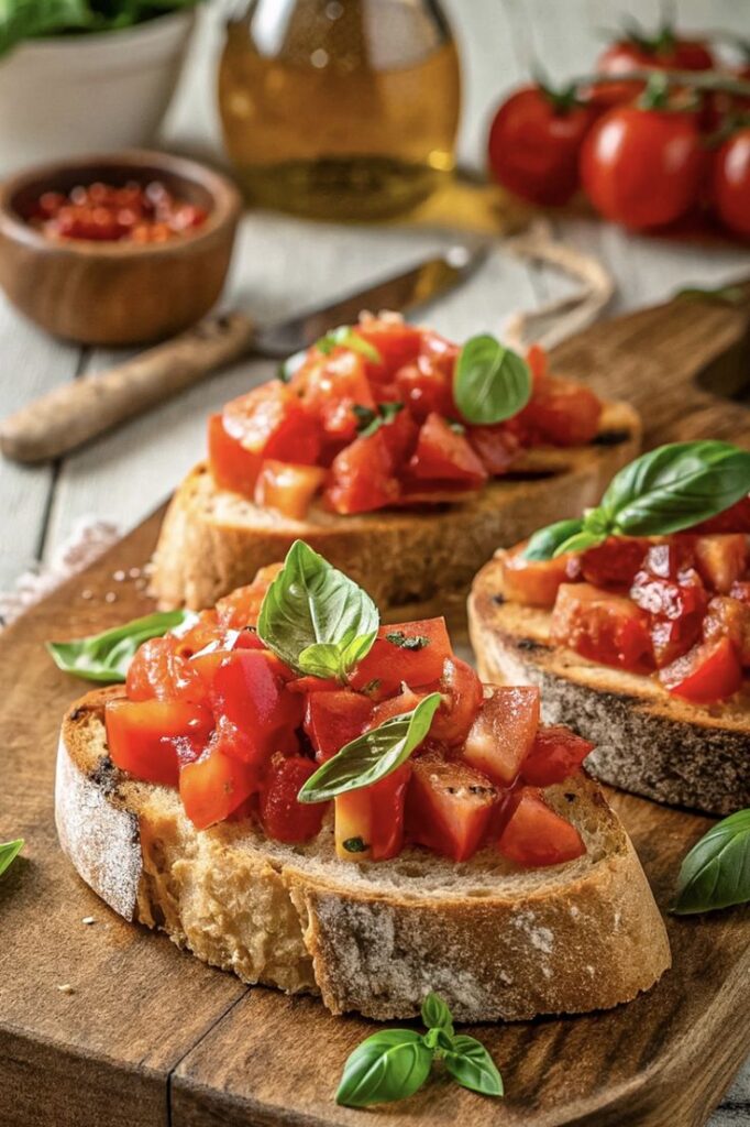 Fresh bruschetta with tomatoes and basil on rustic bread, garnished and ready to serve on a wooden board.