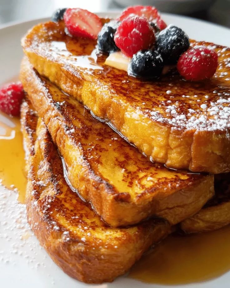 Delicious French toast stacked with syrup, fresh berries, and a dusting of powdered sugar on a white plate.