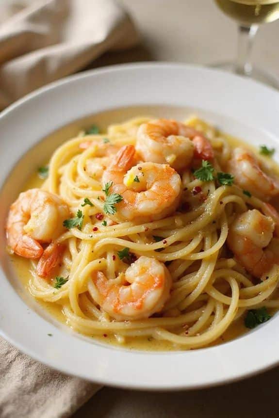 Garlic Butter Shrimp Scampi Linguine Recipe - Chef Jamie Levine - Delicious Recipes - Easy Garlic Butter Shrimp Scampi Recipe | Quick & Flavorful Creamy shrimp pasta garnished with parsley in a white bowl, served with a glass of white wine.