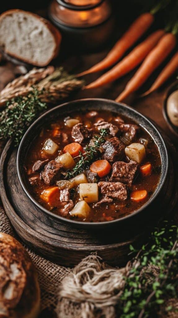 Beef stew with carrots and potatoes in a rustic setting, garnished with thyme. Ideal autumn comfort food.