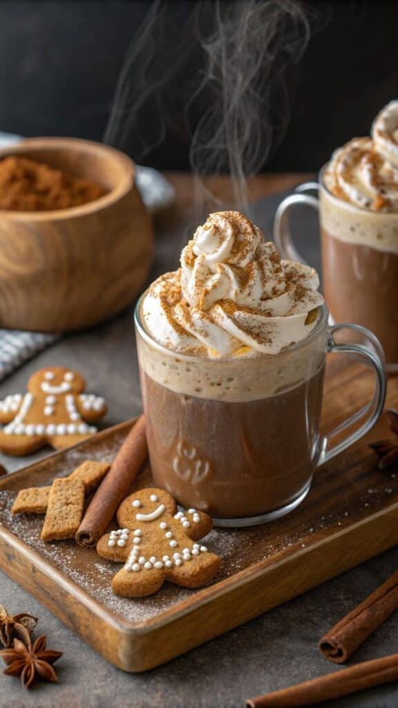 Homemade Gingerbread Latte_ The Recipe Better Than Your Favorite Coffee Shop - 5 Best Christmas Drinks: Festive Sips for Holidays Steaming gingerbread latte topped with whipped cream, surrounded by cinnamon sticks and gingerbread cookies.