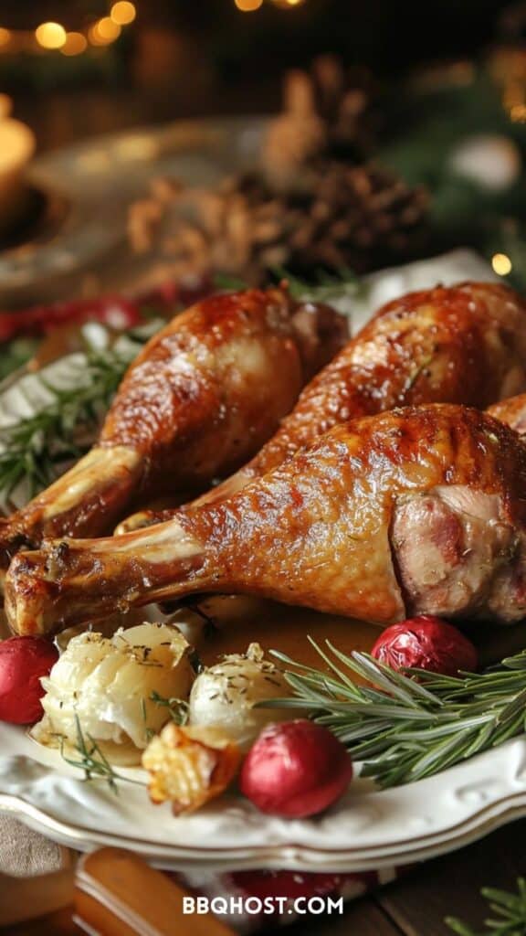 Roasted turkey drumsticks with herbs and festive decor on a holiday table setting.