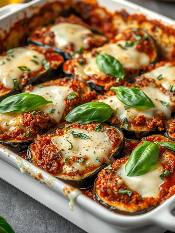 Baked eggplant parmesan with mozzarella and basil in a white dish, perfect Italian comfort food.