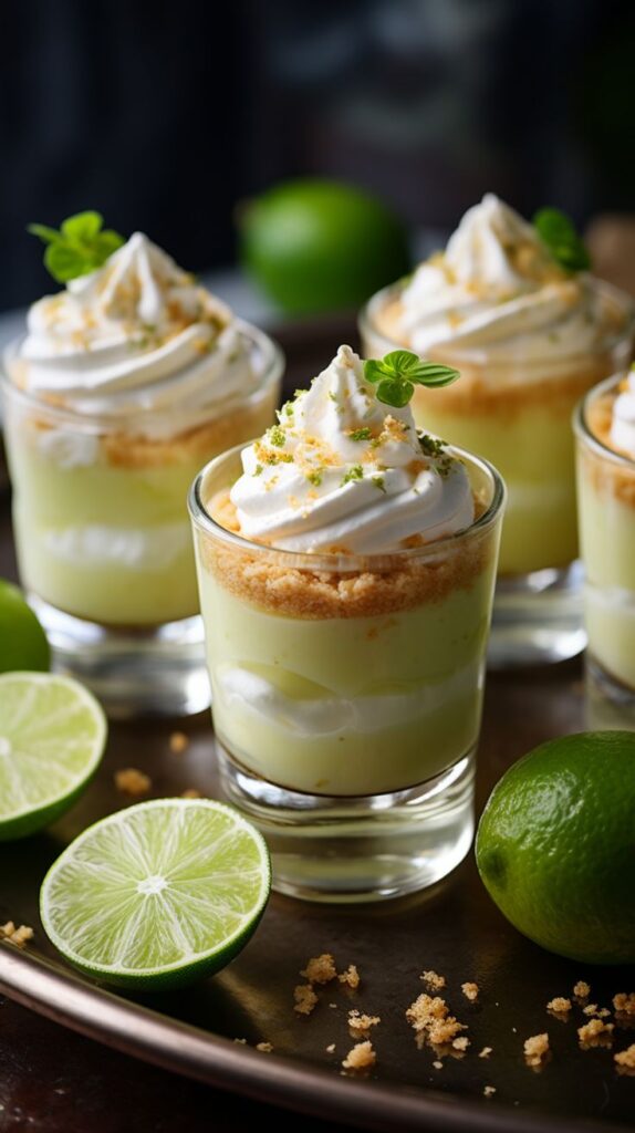 Key lime pie parfaits in glass jars topped with whipped cream and fresh lime slices on a wooden tray.