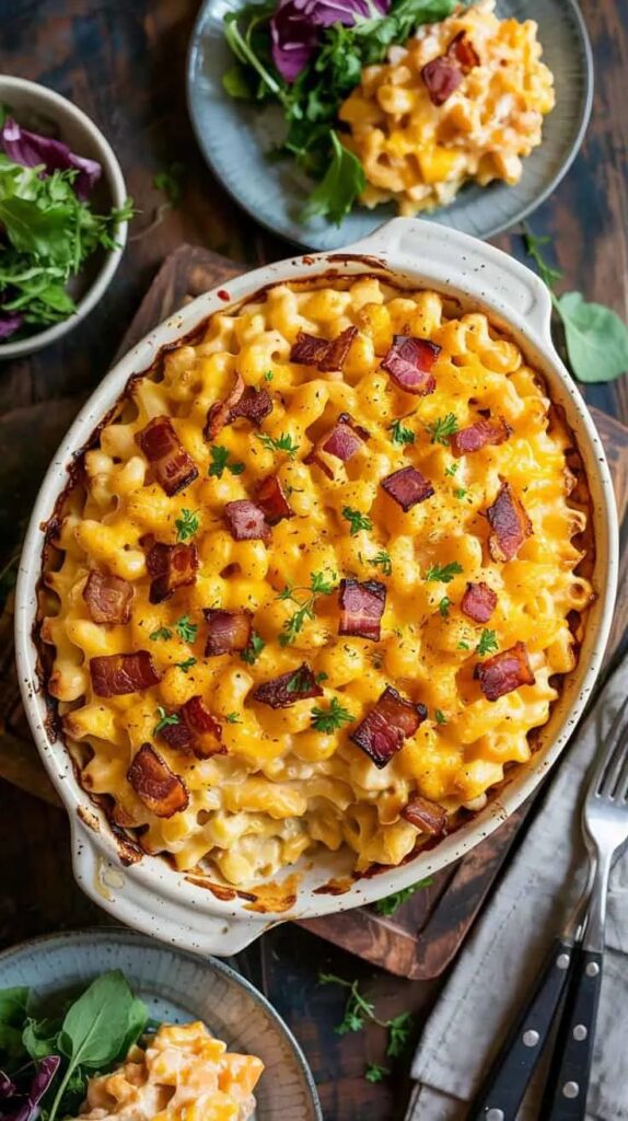 Cheesy baked mac and cheese with crispy bacon and fresh herbs in a dish, served with a side salad.