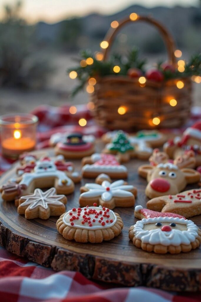 Festive Christmas cookies with icing on a wooden platter, holiday basket and lights in the background.