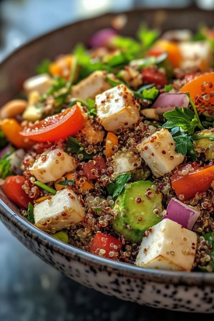 Mediterranean Quinoa Salad Bowl Recipe Simple Delicious - Mediterranean Quinoa Salad Bowl: Fresh & Flavorful Vibrant quinoa salad with tomatoes, avocado, feta cheese, and parsley in a bowl, perfect for a healthy meal.