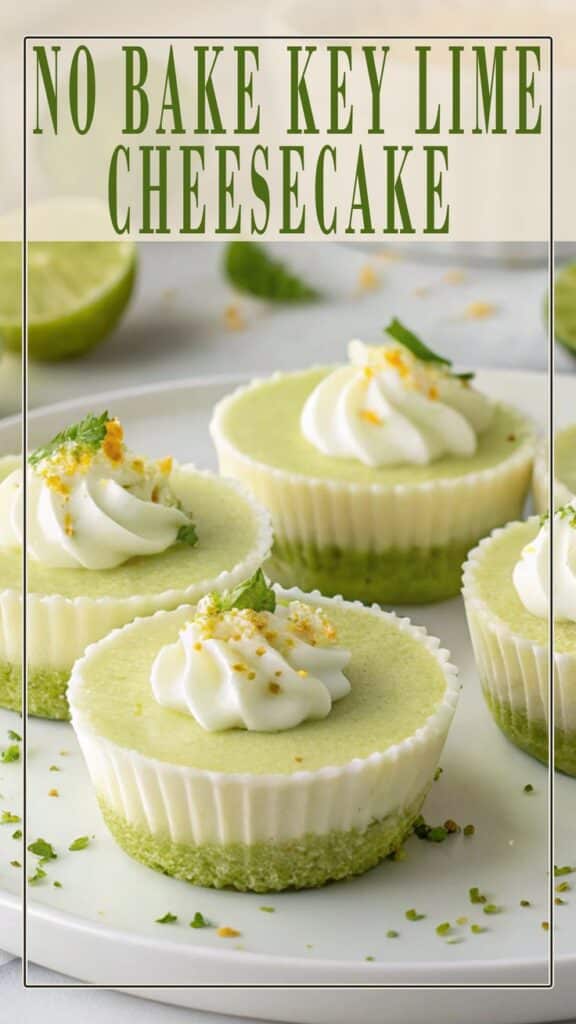 Mini no-bake key lime cheesecakes with whipped topping on a white plate.