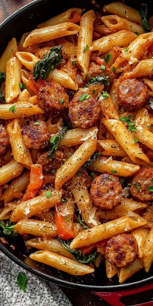One Pot Creamy Cajun Sausage Pasta 30-Minutes - Quick Sausage & Tomato Pasta: Your Easy Weeknight Meal Delicious penne pasta with sausage, spinach, and bell peppers in a skillet, garnished with herbs and cheese.