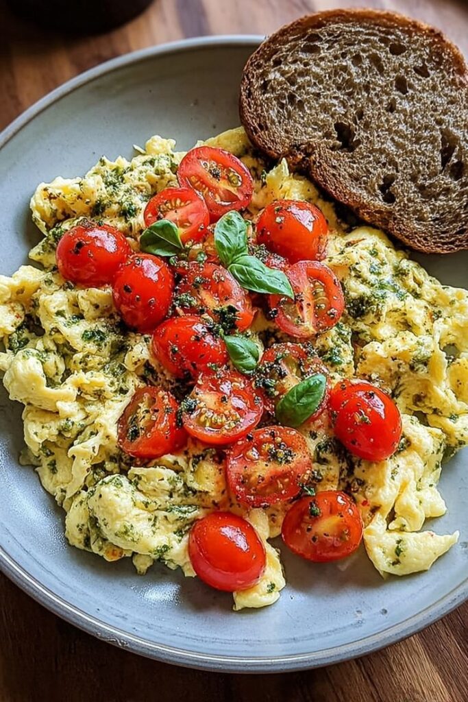 Pesto Scrambled Eggs with Cherry Tomatoes - Brunch Perfection - Cheesy Tomato Scramble: Quick & Delicious Breakfast - Chief Stories Scrambled eggs with cherry tomatoes and herbs, served with a slice of brown bread on a plate.
