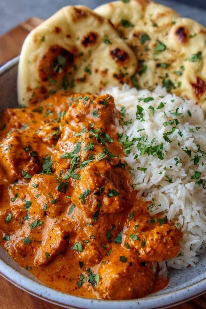 Quick Easy Homemade Butter Chicken - Homemade Butter Chicken: Easy, Creamy, Authentic Recipe - Chief Stories Creamy butter chicken served with basmati rice and freshly baked naan, garnished with cilantro.
