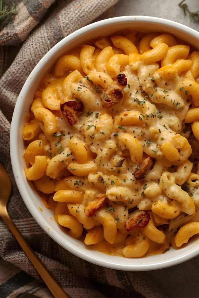 Creamy macaroni and cheese topped with herbs and crispy onions in a white bowl, on a plaid cloth background.