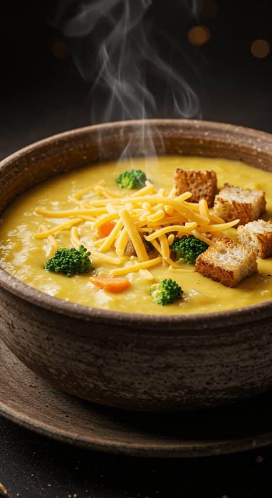 The Best Creamy Broccoli Cheddar Soup Easy Recipe - The Ultimate Creamy Broccoli Cheddar Soup: A Cozy Classic | Creamy broccoli cheddar soup with croutons in a rustic bowl, topped with melted cheese and steam rising.