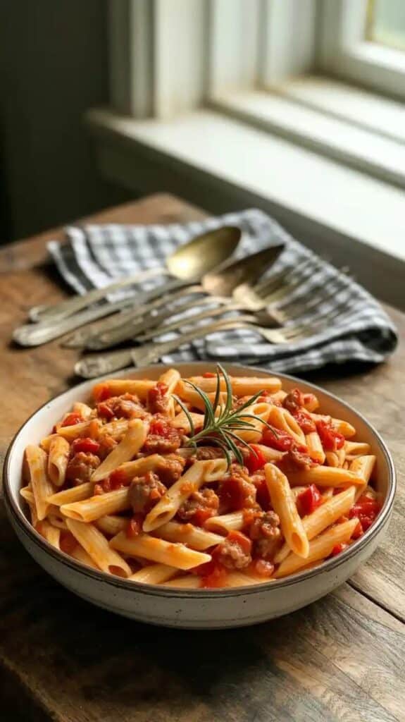 The Best Weeknight Pasta with Italian Sausage Tomato Sauce - Quick Sausage & Tomato Pasta: Your Easy Weeknight Meal Bowl of penne pasta with tomato sauce and rosemary on rustic table by window, with cutlery and checkered cloth.