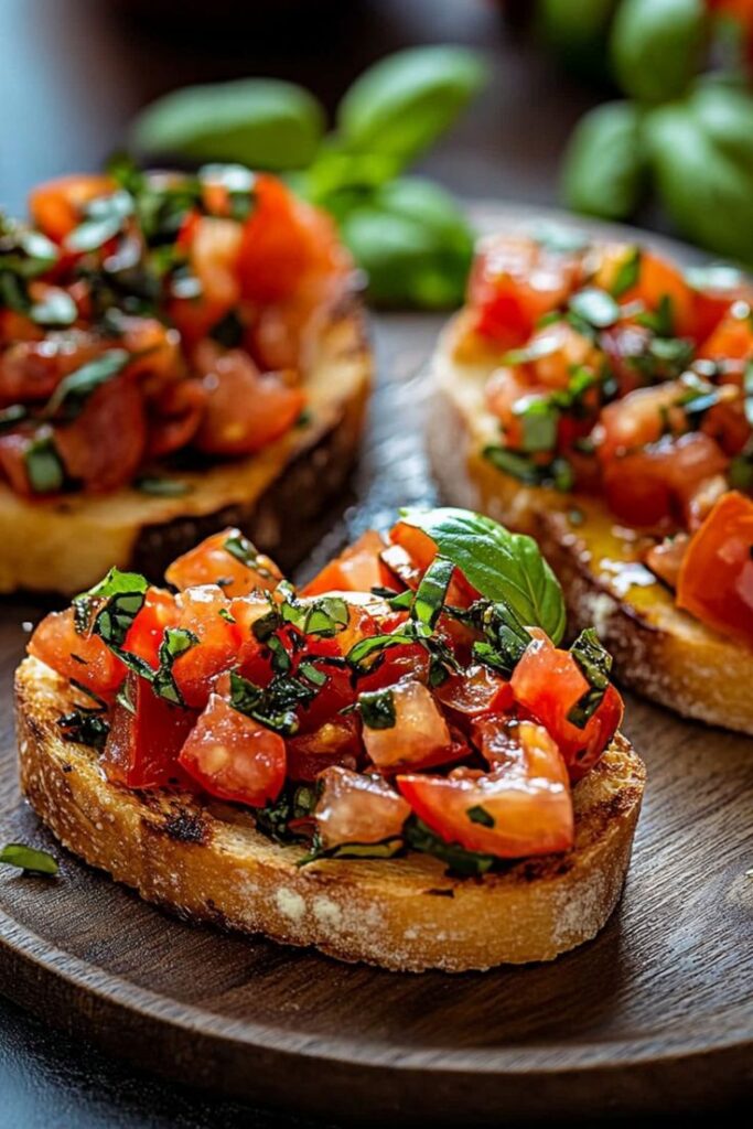 Fresh bruschetta with tomatoes and basil on toasted bread, garnished with herbs on a wooden board.