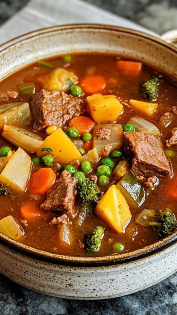 Hearty beef stew with vegetables in a rustic bowl, featuring carrots, peas, potatoes, and rich broth.